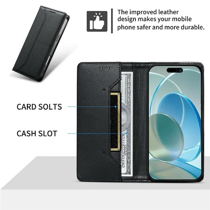 For iPhone 17 Wallet Stand Case Line Splicing TPU PU Leather Phone Cover - Black