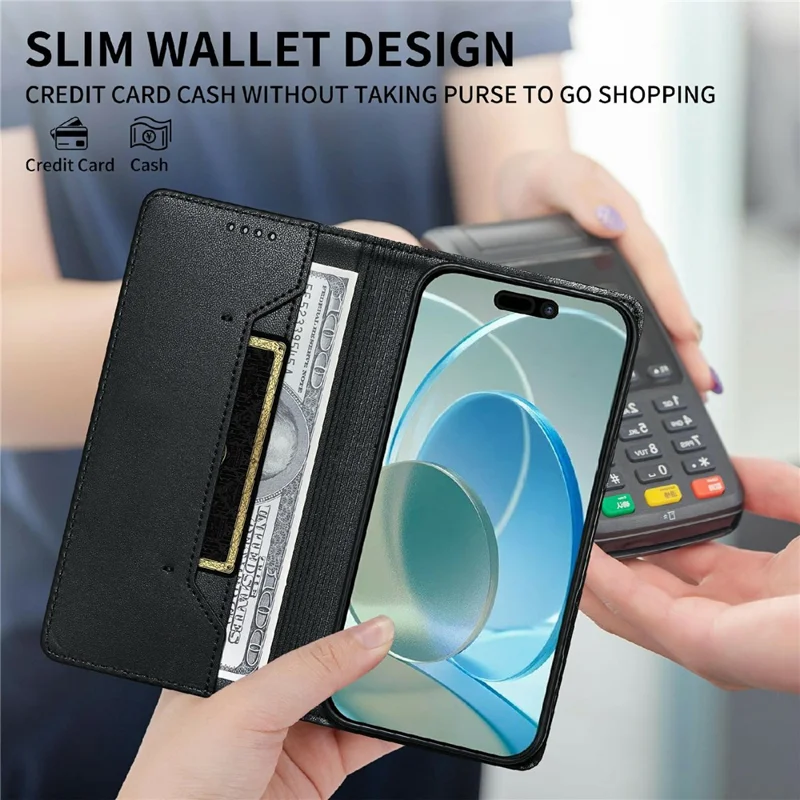 For iPhone 17 Wallet Stand Case Line Splicing TPU PU Leather Phone Cover - Black