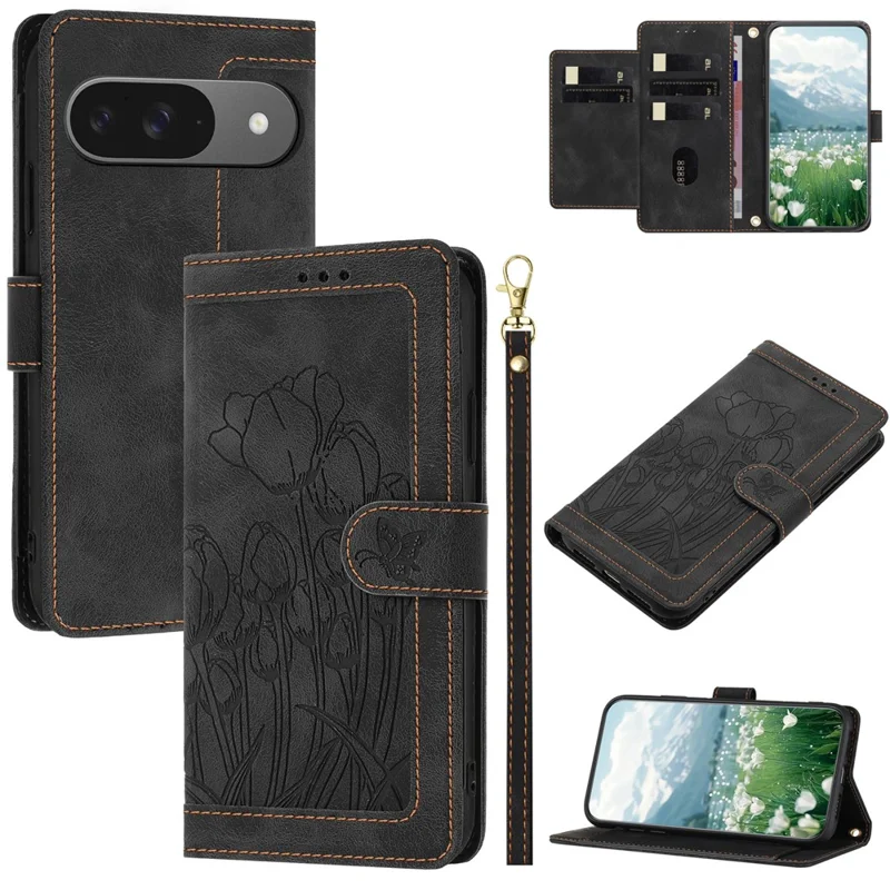 For Google Pixel 10 / 10 Pro Wallet Case with 5 Card Slot  /  Wrist Strap, Tulip Pattern Imprint Leather Phone Cover - Black