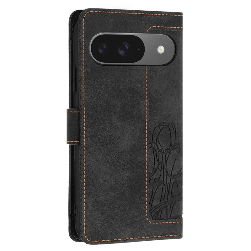 For Google Pixel 10 / 10 Pro Wallet Case with 5 Card Slot  /  Wrist Strap, Tulip Pattern Imprint Leather Phone Cover - Black