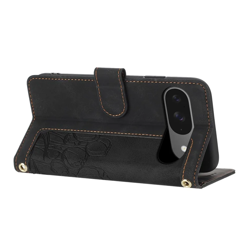 For Google Pixel 10 / 10 Pro Wallet Case with 5 Card Slot  /  Wrist Strap, Tulip Pattern Imprint Leather Phone Cover - Black