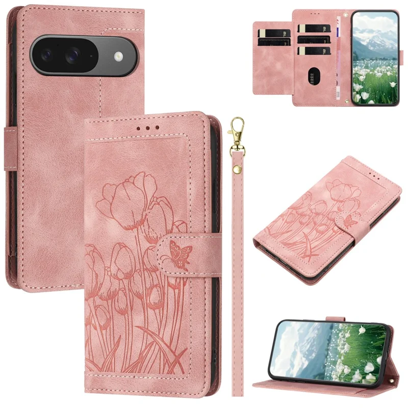 For Google Pixel 10 / 10 Pro Wallet Case with 5 Card Slot  /  Wrist Strap, Tulip Pattern Imprint Leather Phone Cover - Pink