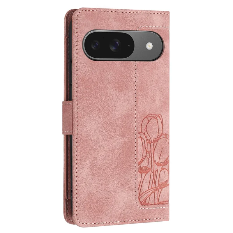 For Google Pixel 10 / 10 Pro Wallet Case with 5 Card Slot  /  Wrist Strap, Tulip Pattern Imprint Leather Phone Cover - Pink