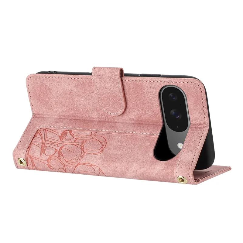 For Google Pixel 10 / 10 Pro Wallet Case with 5 Card Slot  /  Wrist Strap, Tulip Pattern Imprint Leather Phone Cover - Pink