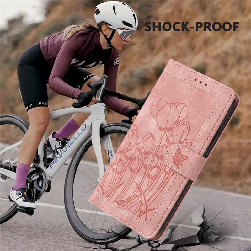 For Google Pixel 10 / 10 Pro Wallet Case with 5 Card Slot  /  Wrist Strap, Tulip Pattern Imprint Leather Phone Cover - Pink