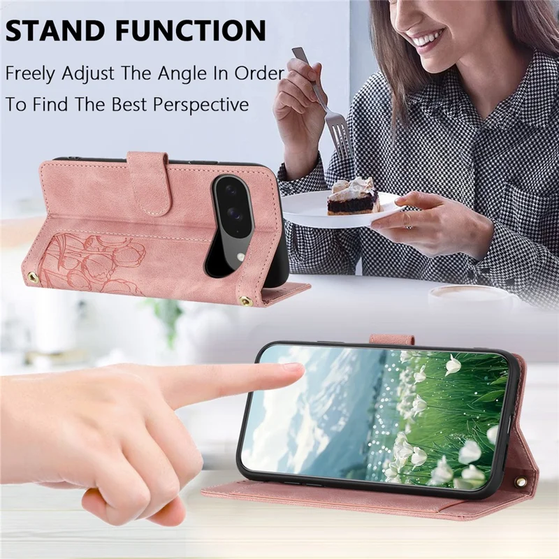 For Google Pixel 10 / 10 Pro Wallet Case with 5 Card Slot  /  Wrist Strap, Tulip Pattern Imprint Leather Phone Cover - Pink