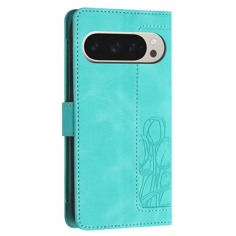 For Google Pixel 10 Pro XL Wallet Case with 5 Card Slot  /  Wrist Strap, Tulip Pattern Imprint Leather Phone Cover - Green