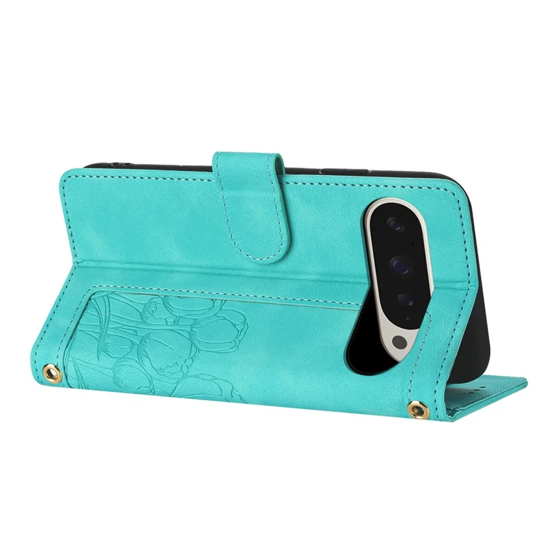 For Google Pixel 10 Pro XL Wallet Case with 5 Card Slot  /  Wrist Strap, Tulip Pattern Imprint Leather Phone Cover - Green