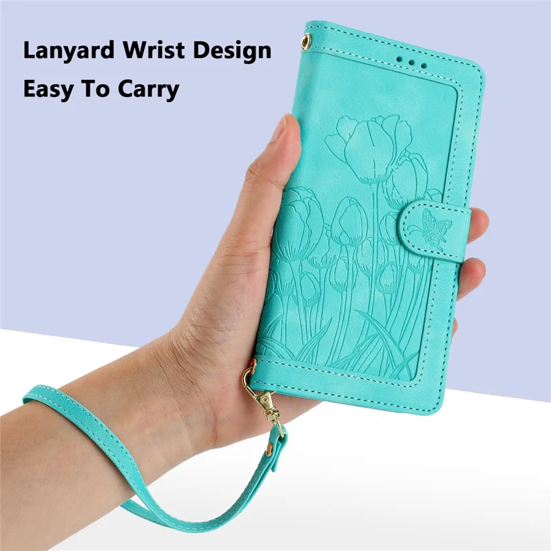 For Google Pixel 10 Pro XL Wallet Case with 5 Card Slot  /  Wrist Strap, Tulip Pattern Imprint Leather Phone Cover - Green