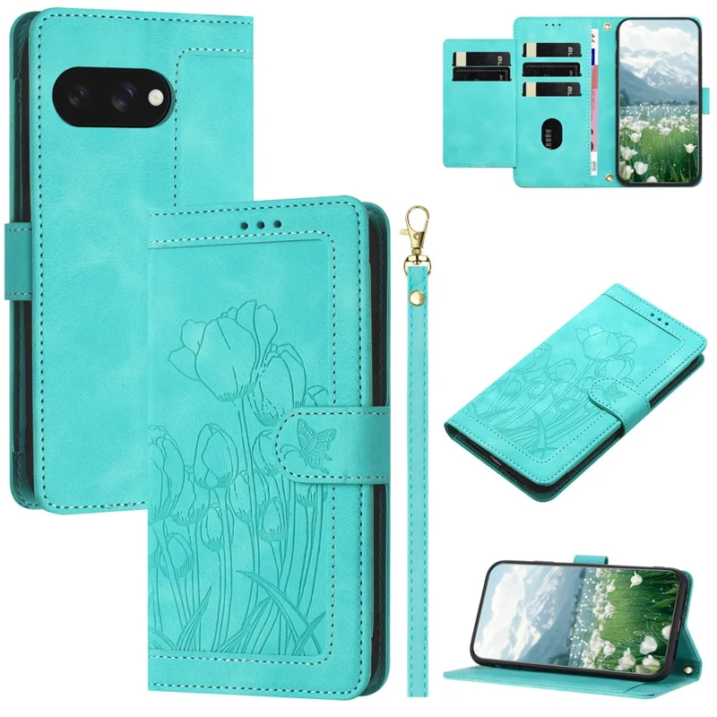 For Google Pixel 10a Wallet Case with 5 Card Slot  /  Wrist Strap, Tulip Pattern Imprint Leather Phone Cover - Green