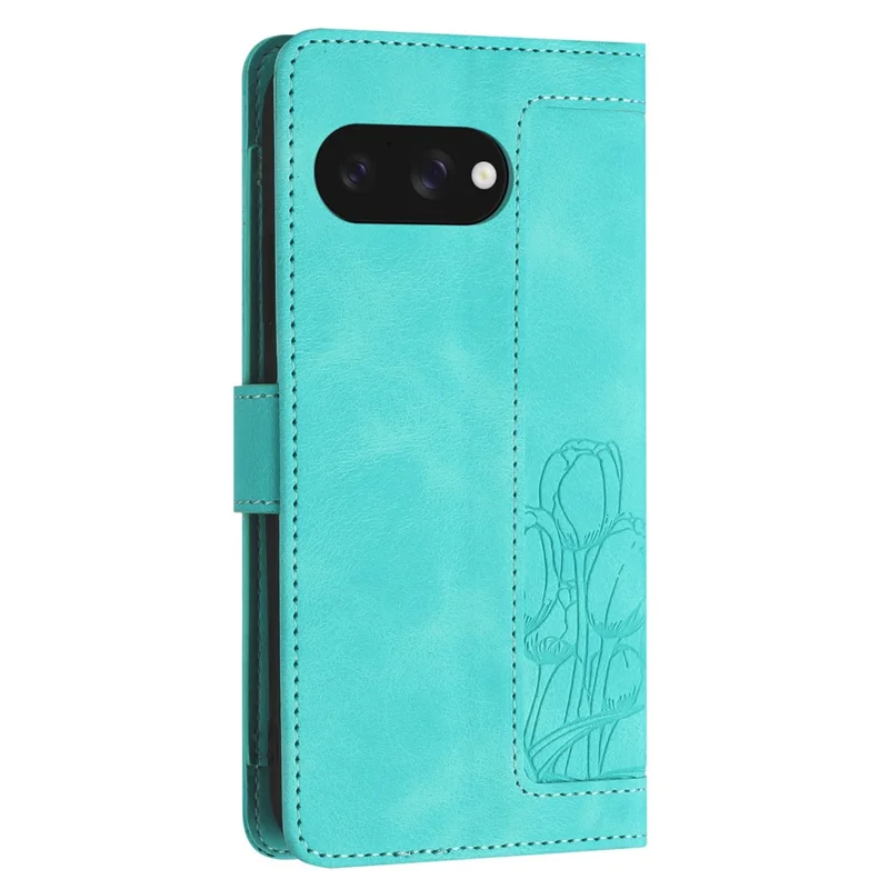 For Google Pixel 10a Wallet Case with 5 Card Slot  /  Wrist Strap, Tulip Pattern Imprint Leather Phone Cover - Green