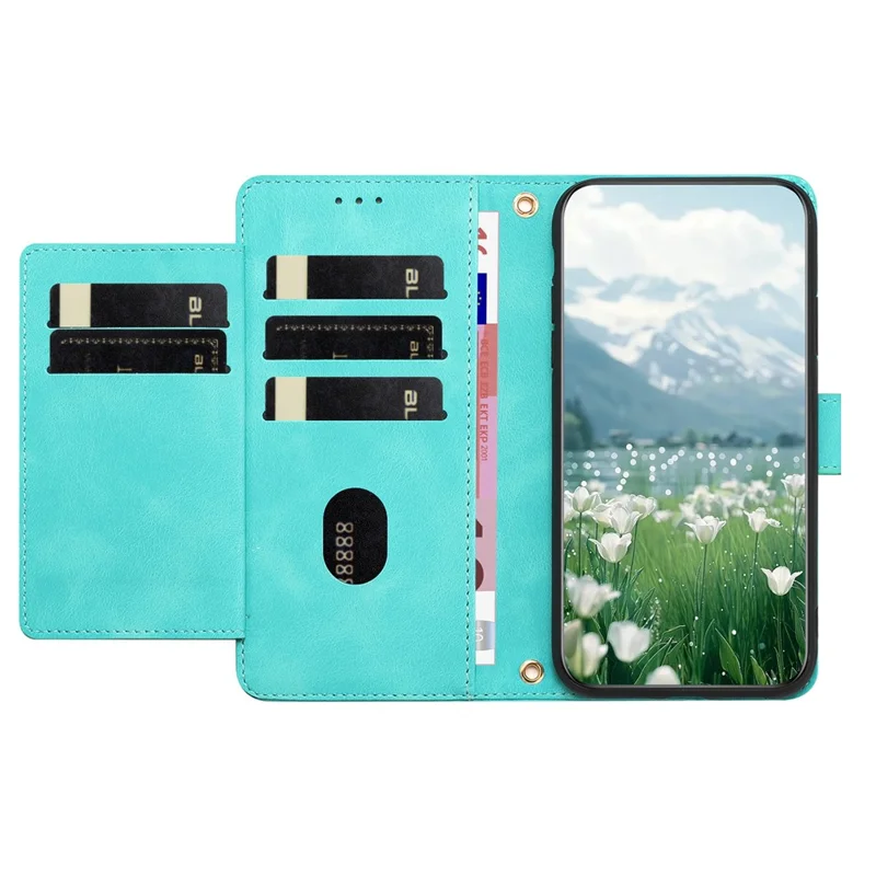 For Google Pixel 10a Wallet Case with 5 Card Slot  /  Wrist Strap, Tulip Pattern Imprint Leather Phone Cover - Green