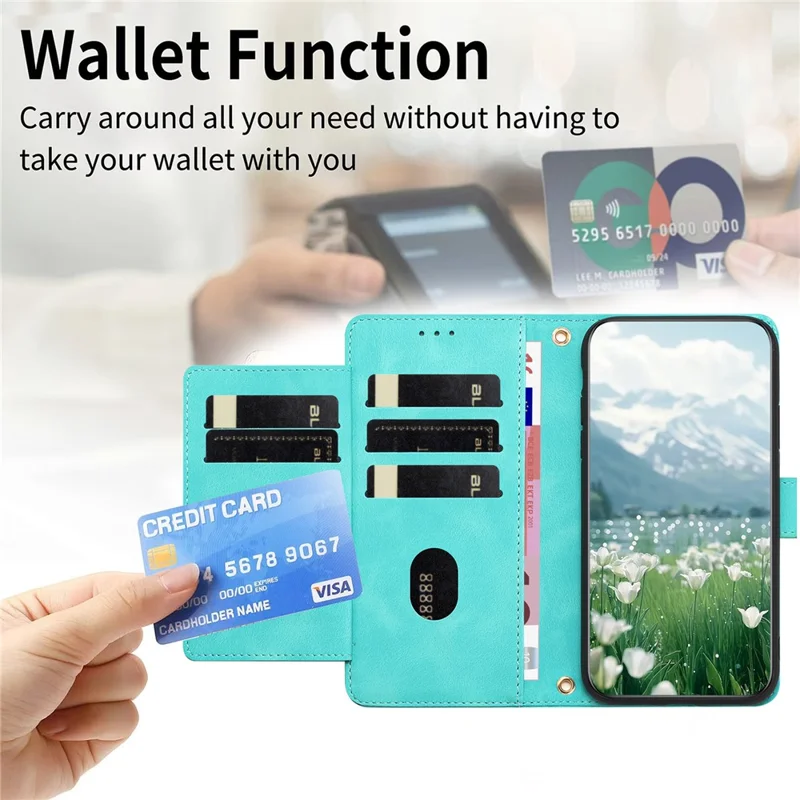 For Google Pixel 10a Wallet Case with 5 Card Slot  /  Wrist Strap, Tulip Pattern Imprint Leather Phone Cover - Green