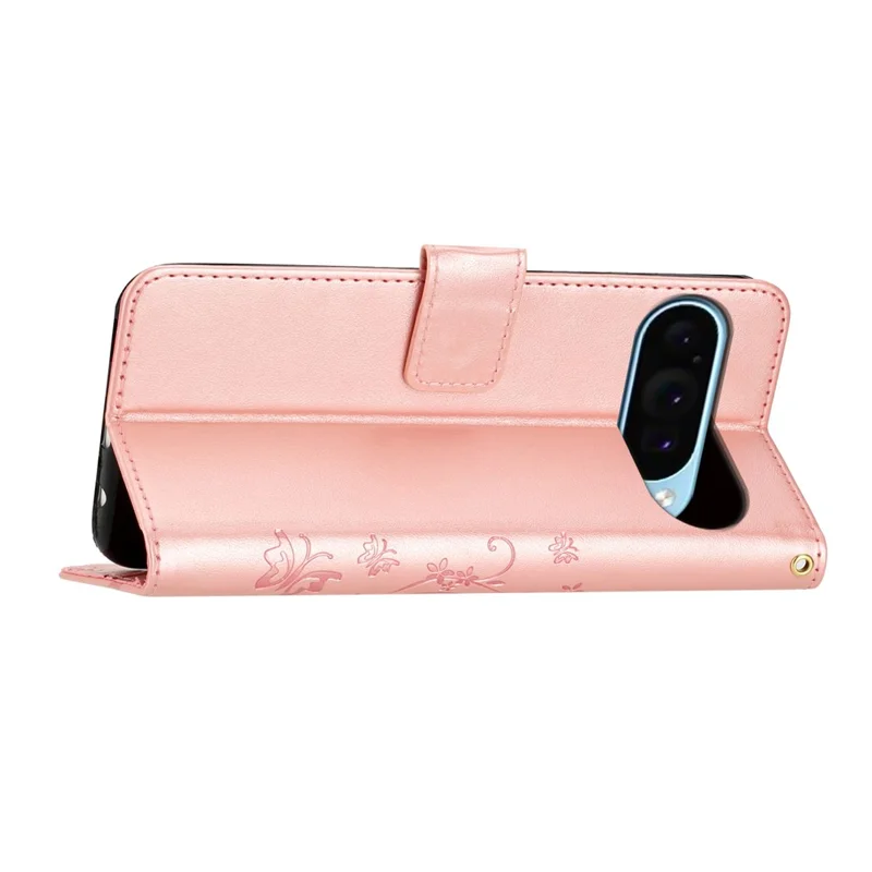 For Google Pixel 10 / 10 Pro Leather Wallet Case Butterfly Flower Imprinted Phone Cover with Strap - Rose Gold