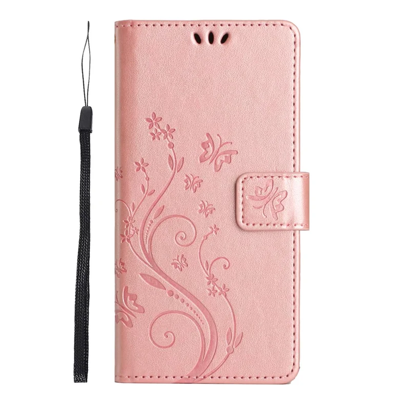 For Google Pixel 10 / 10 Pro Leather Wallet Case Butterfly Flower Imprinted Phone Cover with Strap - Rose Gold