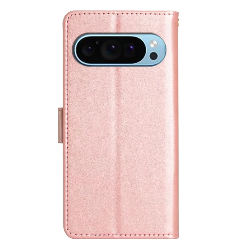 For Google Pixel 10 / 10 Pro Leather Wallet Case Butterfly Flower Imprinted Phone Cover with Strap - Rose Gold