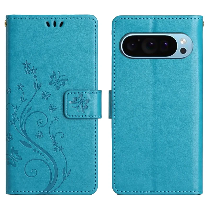 For Google Pixel 10 Pro XL Leather Wallet Case Butterfly Flower Imprinted Phone Cover with Strap - Blue