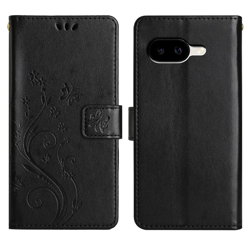 For Google Pixel 10a Leather Wallet Case Butterfly Flower Imprinted Phone Cover with Strap - Black