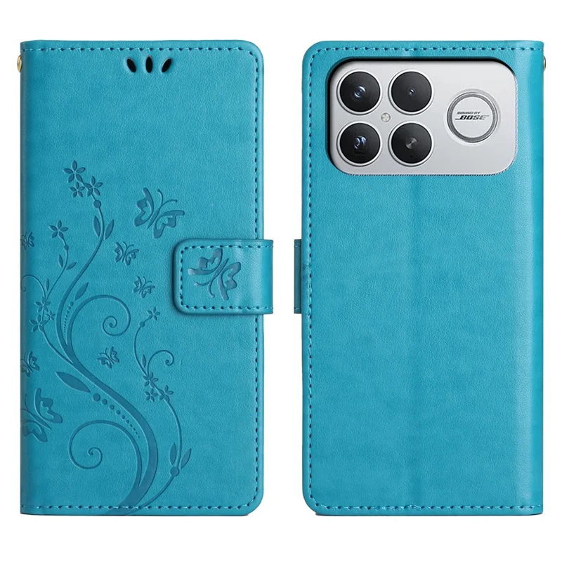 For Xiaomi Poco F8 Ultra  /  Redmi K90 Pro Max 5G Leather Wallet Case Butterfly Flower Imprinted Phone Cover with Strap - Blue