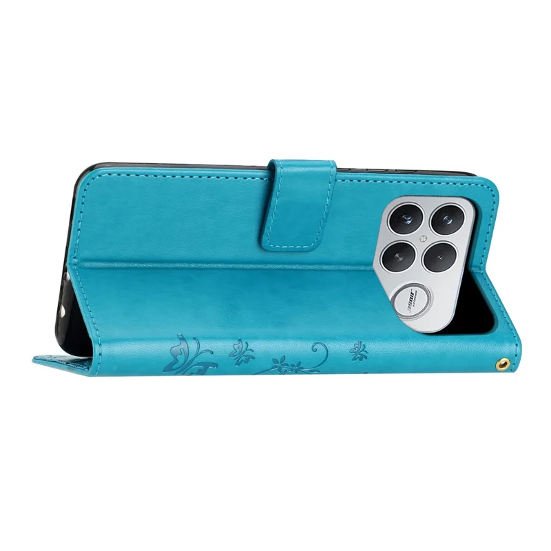 For Xiaomi Poco F8 Ultra  /  Redmi K90 Pro Max 5G Leather Wallet Case Butterfly Flower Imprinted Phone Cover with Strap - Blue