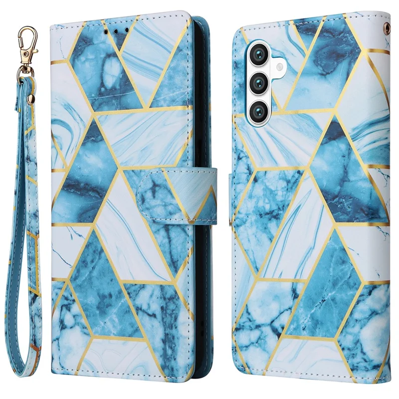 For Samsung Galaxy S26  /  S26 Pro Case Lacquered Marble Pattern Leather Phone Cover with Wrist Strap - Blue