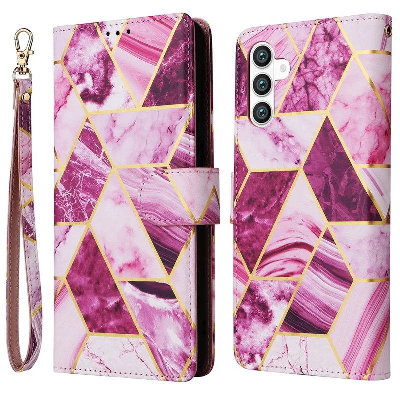 For Samsung Galaxy S26+ Case Lacquered Marble Pattern Leather Phone Cover with Wrist Strap - Purple