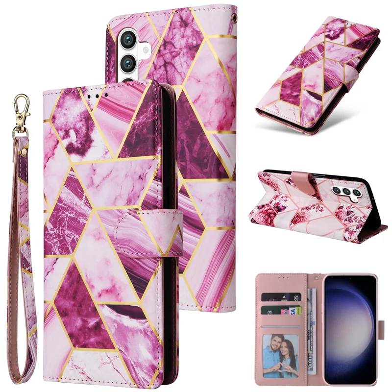 For Samsung Galaxy S26+ Case Lacquered Marble Pattern Leather Phone Cover with Wrist Strap - Purple