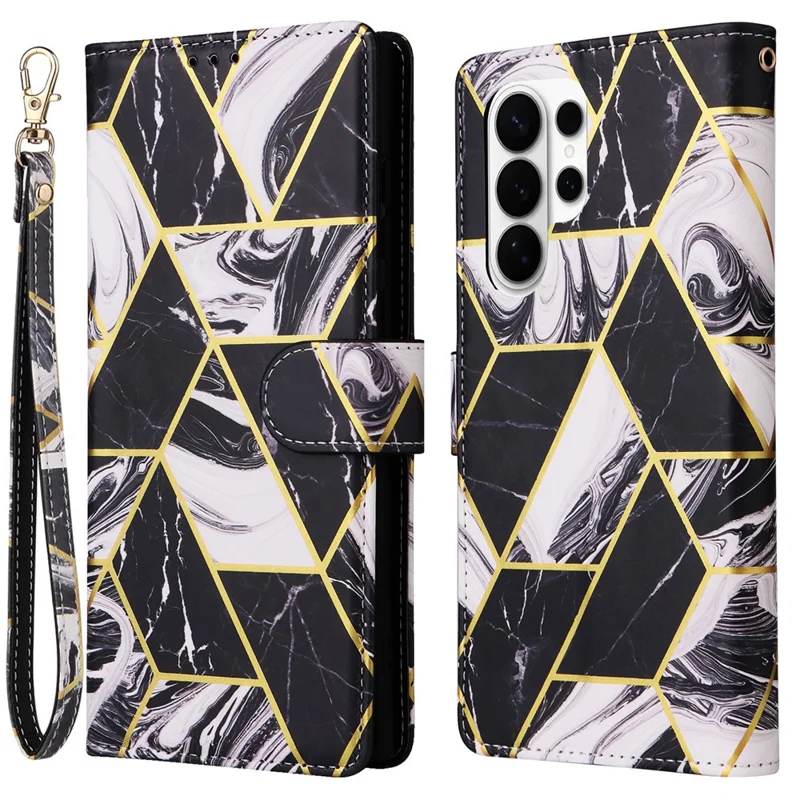 For Samsung Galaxy S26 Ultra Case Lacquered Marble Pattern Leather Phone Cover with Wrist Strap - Black