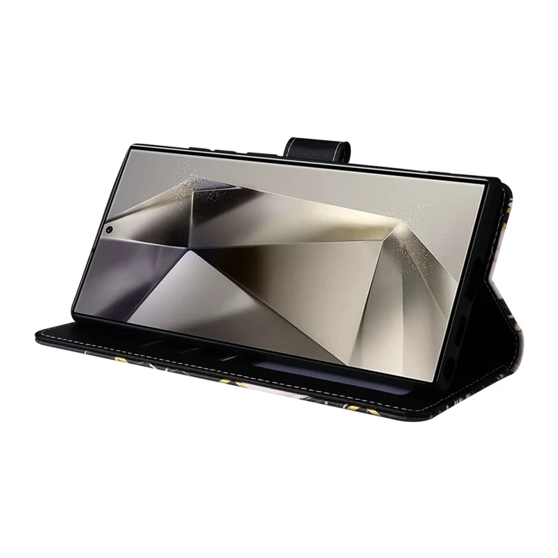 For Samsung Galaxy S26 Ultra Case Lacquered Marble Pattern Leather Phone Cover with Wrist Strap - Black