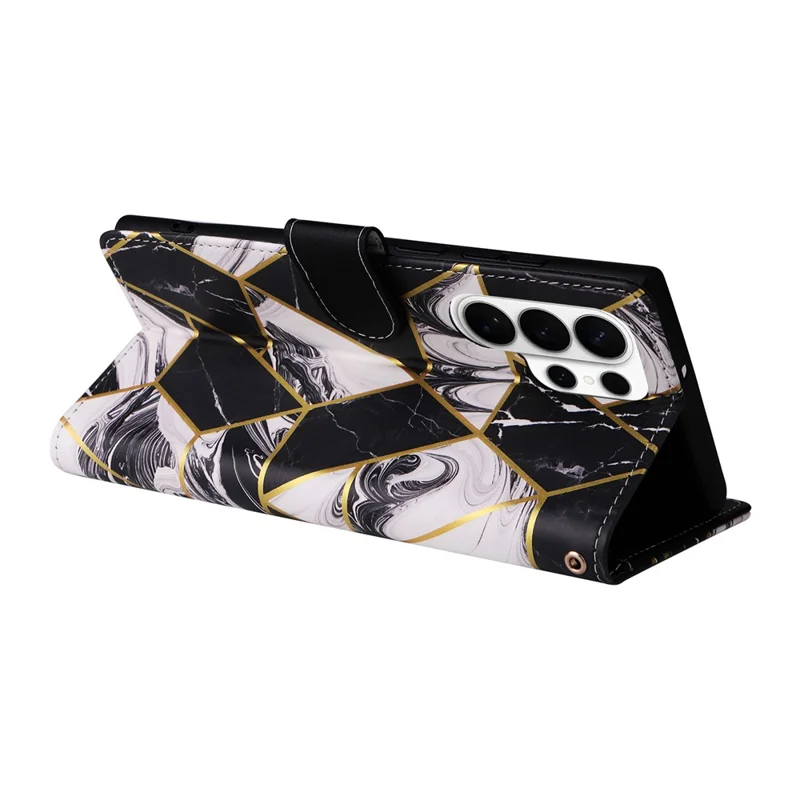 For Samsung Galaxy S26 Ultra Case Lacquered Marble Pattern Leather Phone Cover with Wrist Strap - Black