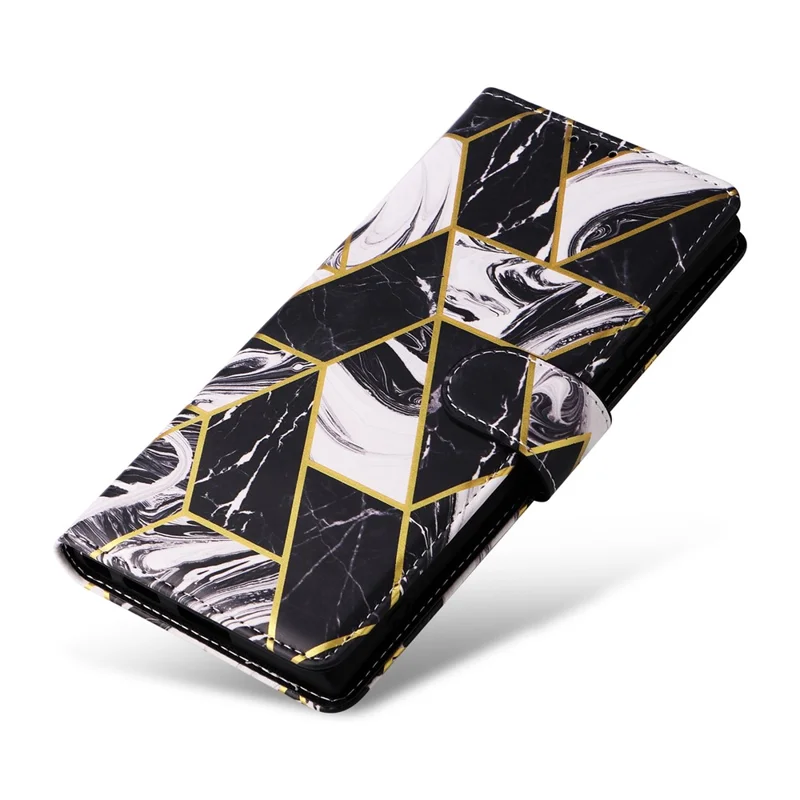 For Samsung Galaxy S26 Ultra Case Lacquered Marble Pattern Leather Phone Cover with Wrist Strap - Black