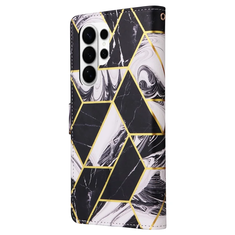 For Samsung Galaxy S26 Ultra Case Lacquered Marble Pattern Leather Phone Cover with Wrist Strap - Black