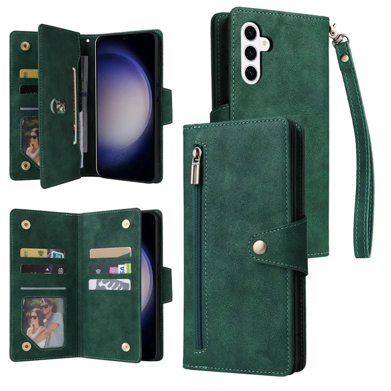 For Samsung Galaxy S26  /  S26 Pro Case Zipper Wallet Rivet Decor Leather Phone Cover with Wrist Strap - Green