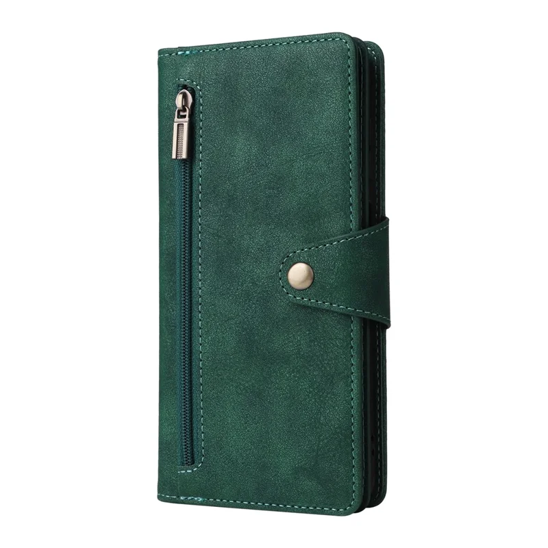 For Samsung Galaxy S26  /  S26 Pro Case Zipper Wallet Rivet Decor Leather Phone Cover with Wrist Strap - Green