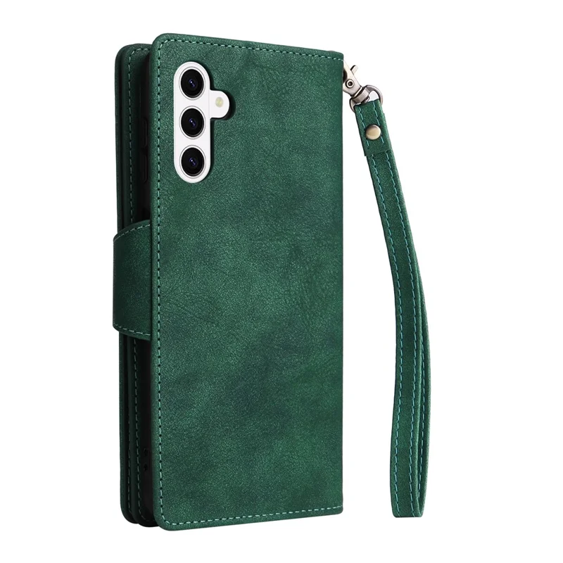 For Samsung Galaxy S26  /  S26 Pro Case Zipper Wallet Rivet Decor Leather Phone Cover with Wrist Strap - Green