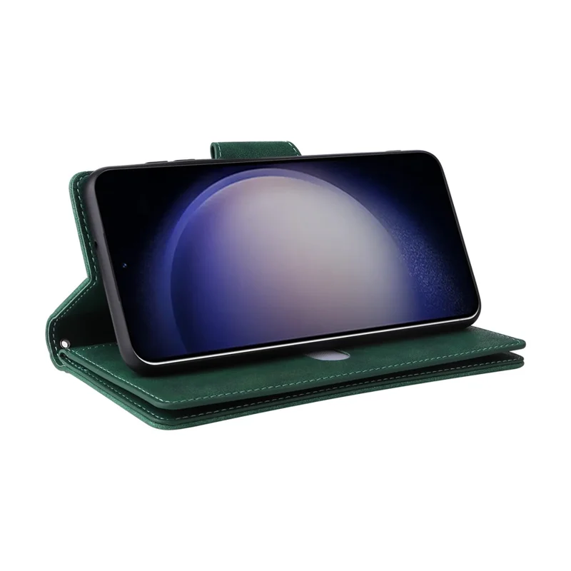 For Samsung Galaxy S26  /  S26 Pro Case Zipper Wallet Rivet Decor Leather Phone Cover with Wrist Strap - Green