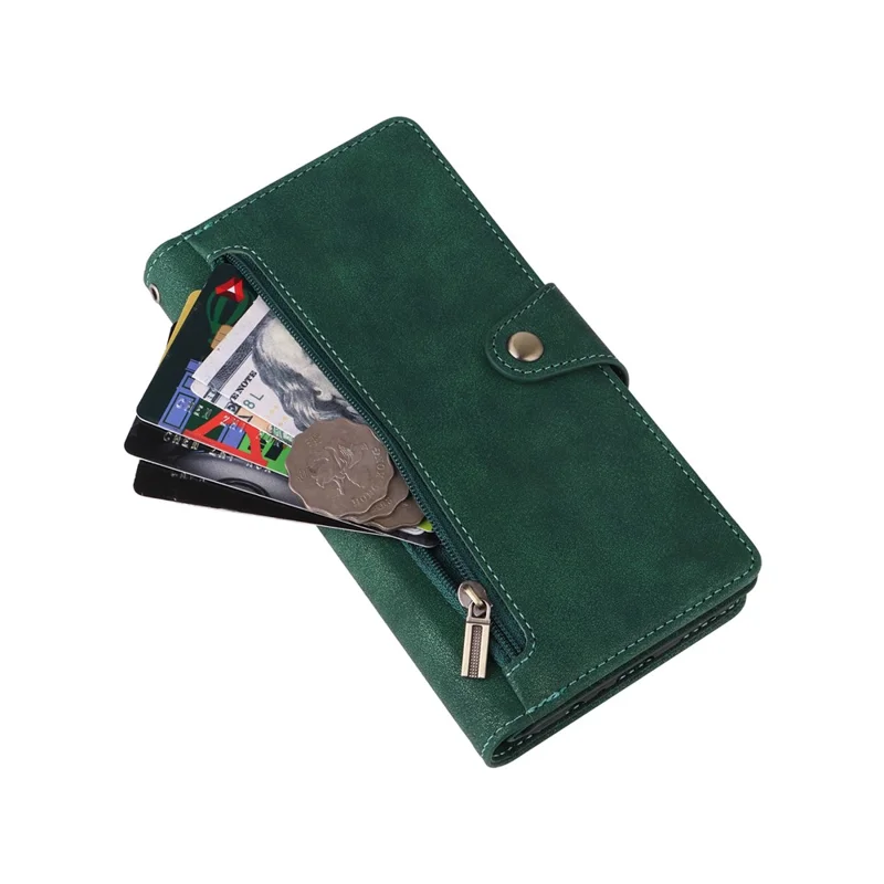 For Samsung Galaxy S26  /  S26 Pro Case Zipper Wallet Rivet Decor Leather Phone Cover with Wrist Strap - Green