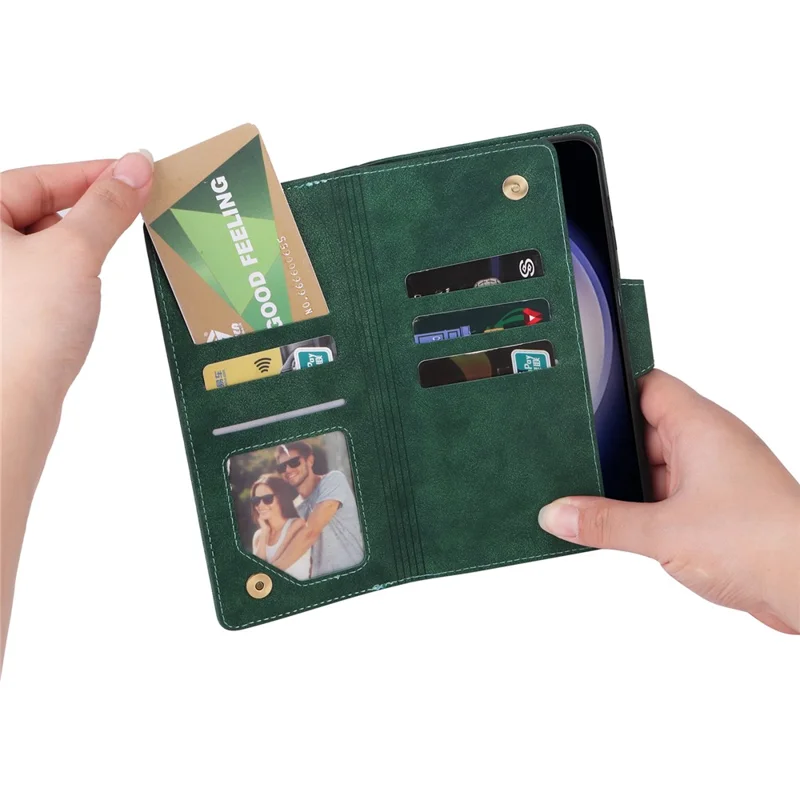 For Samsung Galaxy S26  /  S26 Pro Case Zipper Wallet Rivet Decor Leather Phone Cover with Wrist Strap - Green