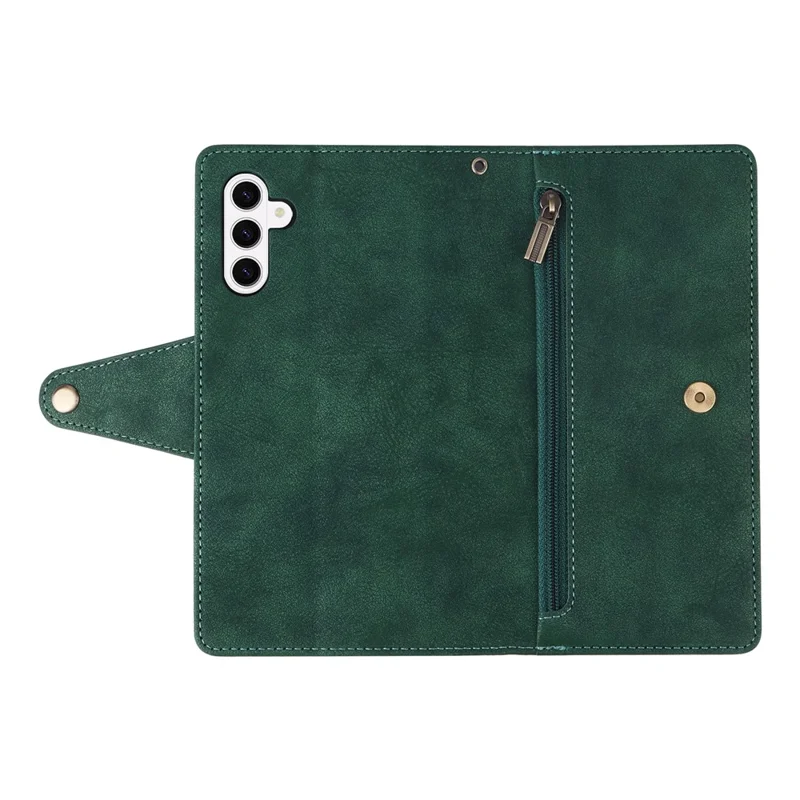 For Samsung Galaxy S26  /  S26 Pro Case Zipper Wallet Rivet Decor Leather Phone Cover with Wrist Strap - Green