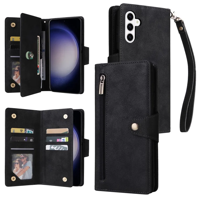For Samsung Galaxy S26+ Case Zipper Wallet Rivet Decor Leather Phone Cover with Wrist Strap - Black