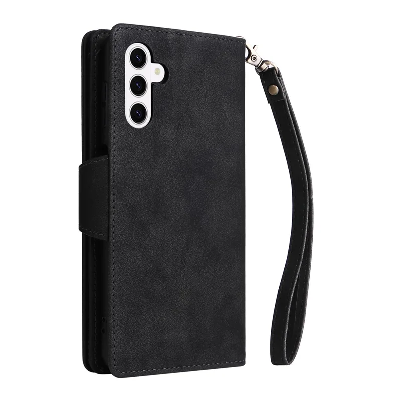 For Samsung Galaxy S26+ Case Zipper Wallet Rivet Decor Leather Phone Cover with Wrist Strap - Black