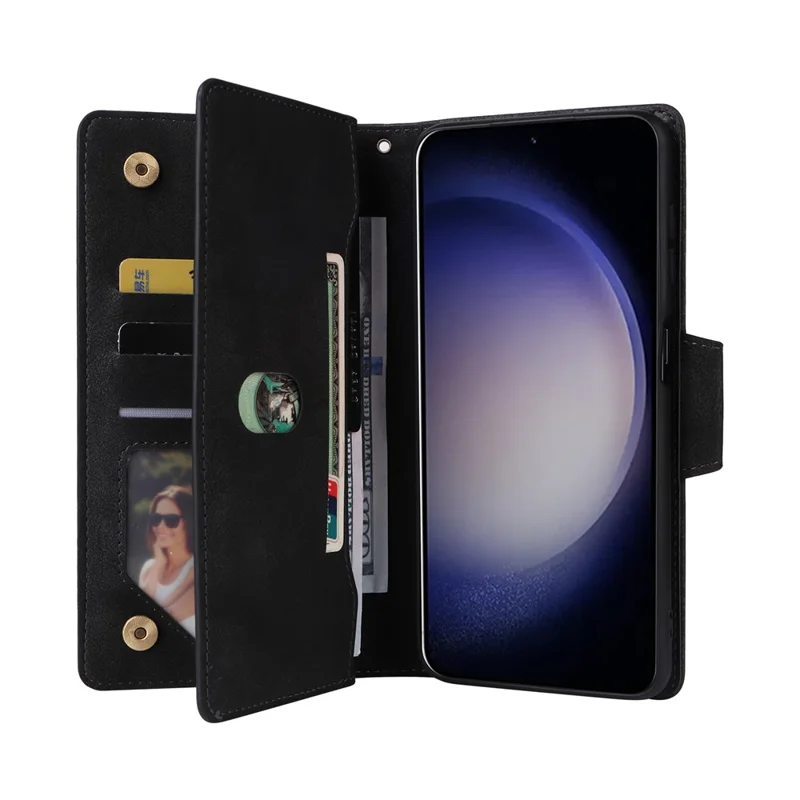 For Samsung Galaxy S26+ Case Zipper Wallet Rivet Decor Leather Phone Cover with Wrist Strap - Black