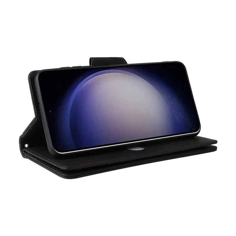 For Samsung Galaxy S26+ Case Zipper Wallet Rivet Decor Leather Phone Cover with Wrist Strap - Black