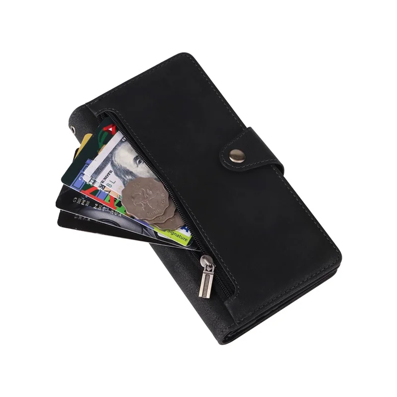 For Samsung Galaxy S26+ Case Zipper Wallet Rivet Decor Leather Phone Cover with Wrist Strap - Black