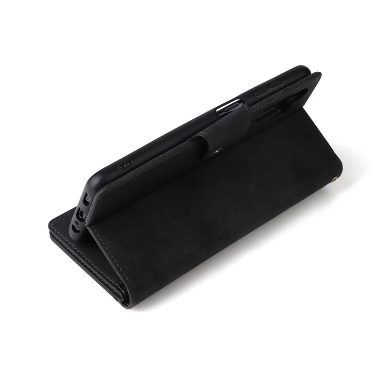 For Samsung Galaxy S26+ Case Zipper Wallet Rivet Decor Leather Phone Cover with Wrist Strap - Black