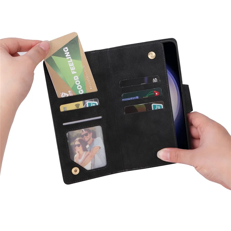 For Samsung Galaxy S26+ Case Zipper Wallet Rivet Decor Leather Phone Cover with Wrist Strap - Black