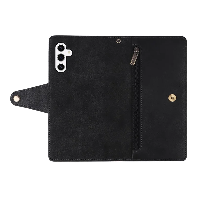 For Samsung Galaxy S26+ Case Zipper Wallet Rivet Decor Leather Phone Cover with Wrist Strap - Black