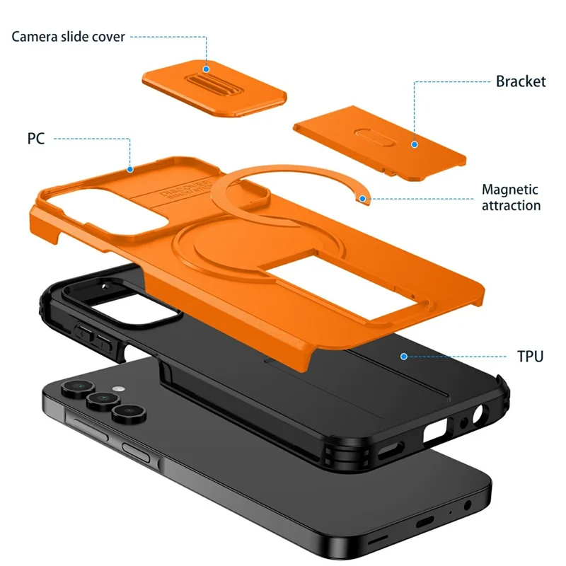For Samsung Galaxy A15 5G Magnetic Case Kickstand Camera Slider PC + TPU Phone Cover - Orange