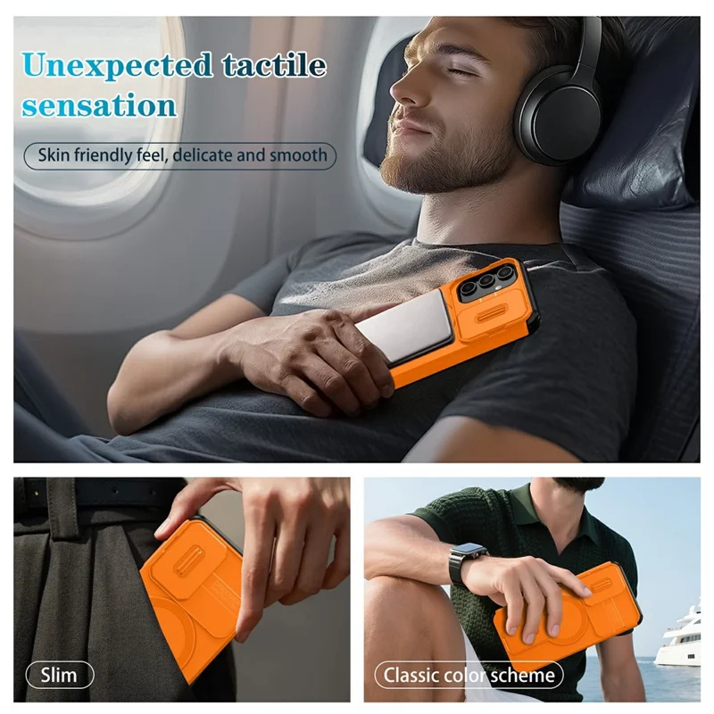 For Samsung Galaxy A15 5G Magnetic Case Kickstand Camera Slider PC + TPU Phone Cover - Orange