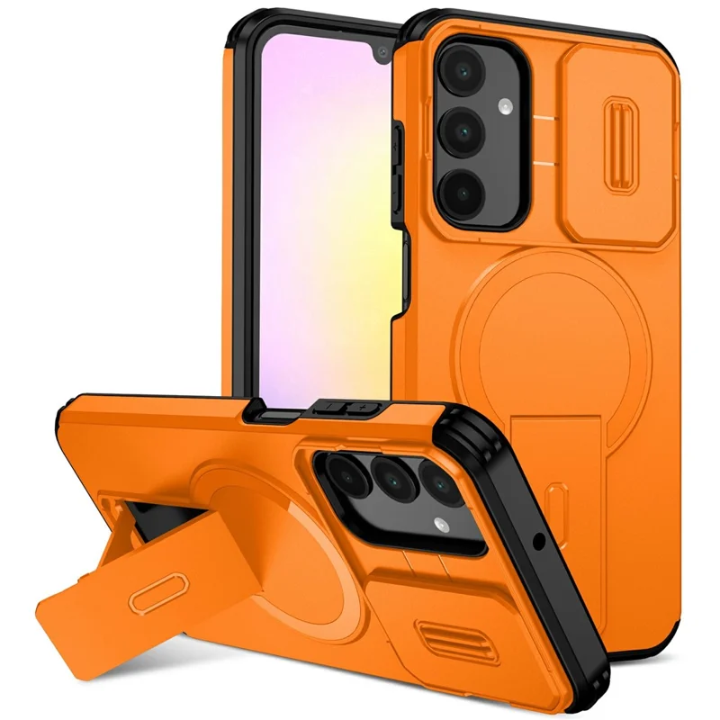 For Samsung Galaxy A25 5G (Global) (161mm) Magnetic Case Kickstand Camera Slider PC + TPU Phone Cover - Orange